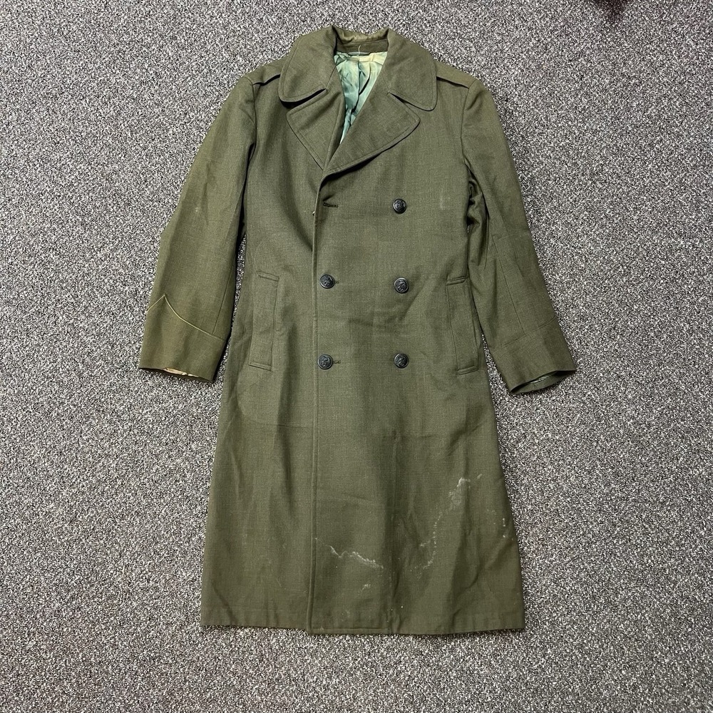 True Vintage 1960s Green Military Jacket Long Trench Coat Rare Medium Belted